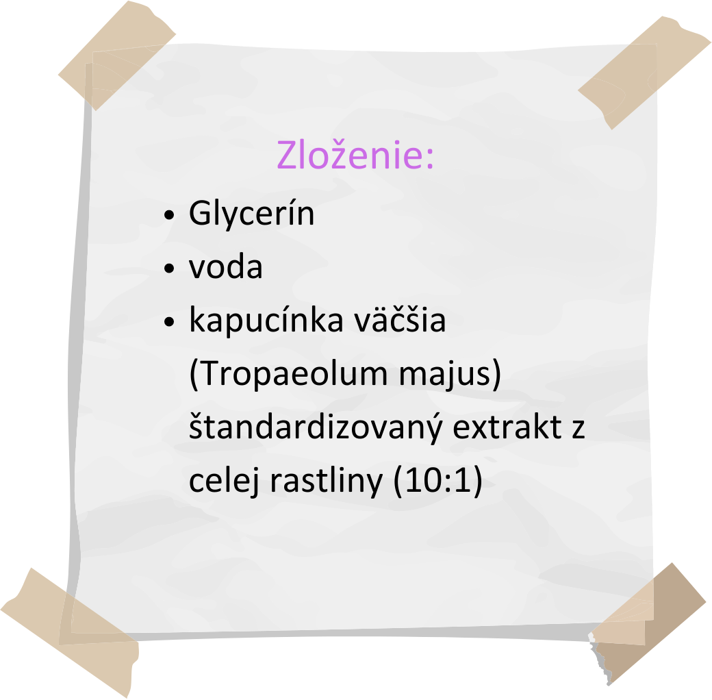 Glycerín, voda, kapucínka väčšia (Tropaeolum majus) štandardizovaný extrakt z celej rastliny (101).